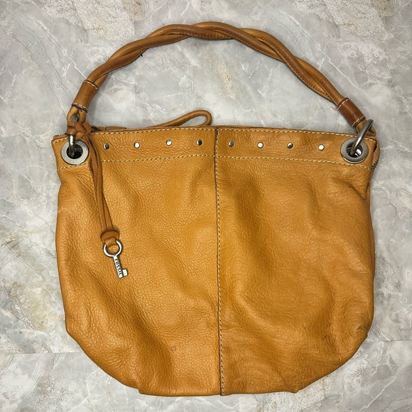 Fossil Mustard Yellow Leather Studded Shoulder Bag Key Dangle Silver Hardware - Picture 1 of 10